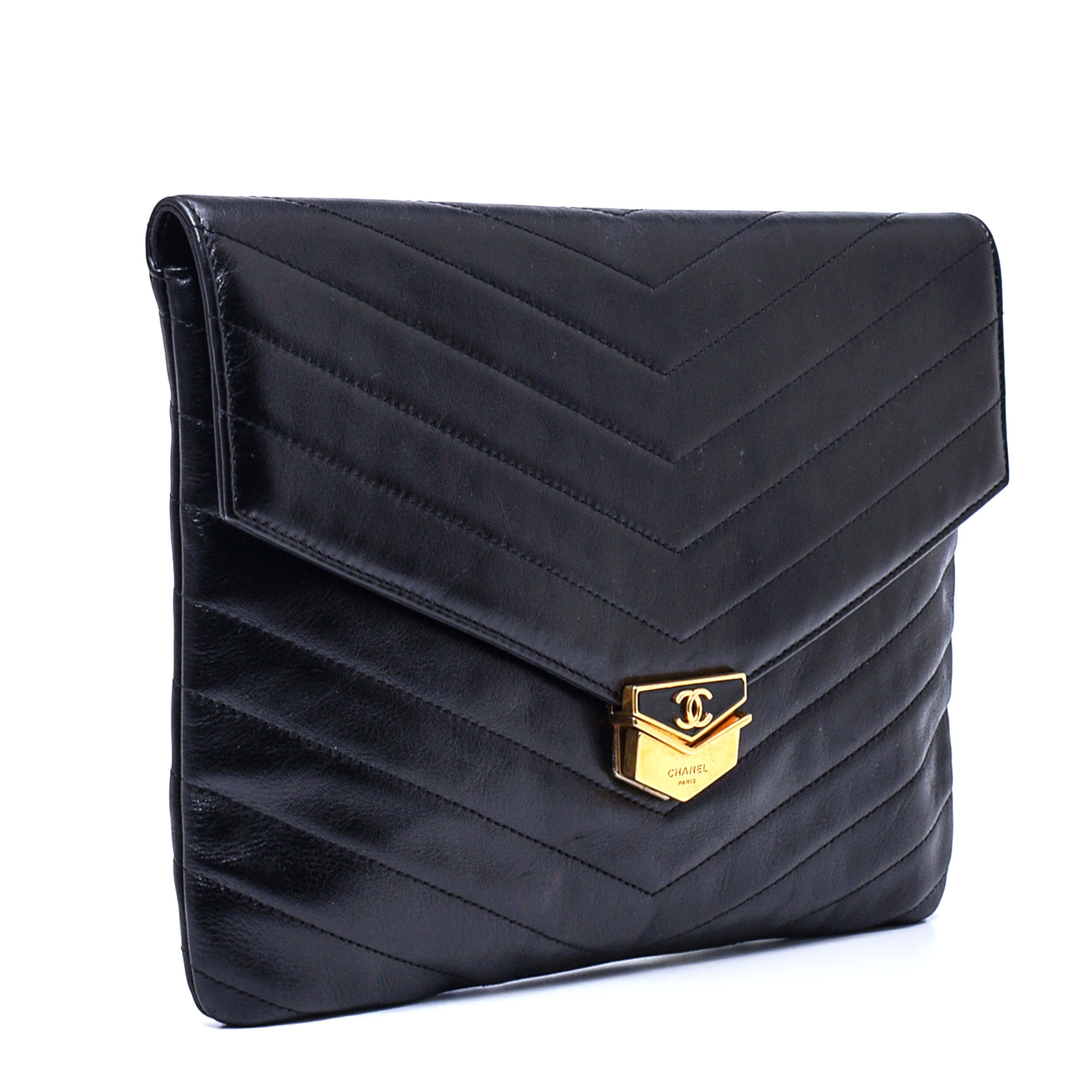 Chanel - Black Chevron Leather Paris Hamburg Medal Envelope Clutch Bag 